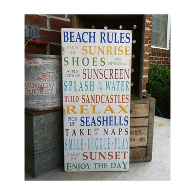 beach rules - rainbow, sign, - Barn Owl Primitives, vintage wood signs, typography decor,