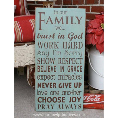 family rules - in our family we, sign, - Barn Owl Primitives, vintage wood signs, typography decor,