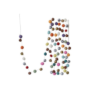 wool felt balls garland with jingle bells - multi color