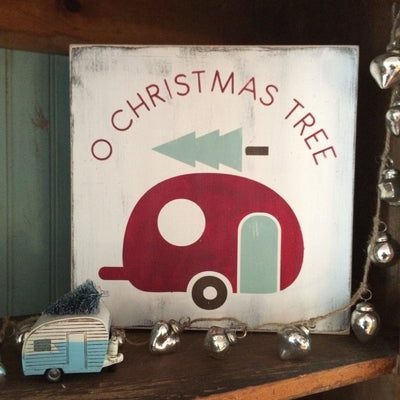 o christmas tree with camper, sign, - Barn Owl Primitives, vintage wood signs, typography decor,