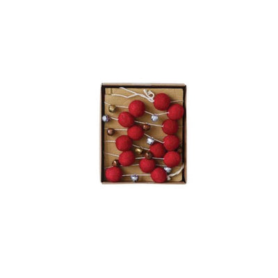 wool felt balls garland with jingle bells - red